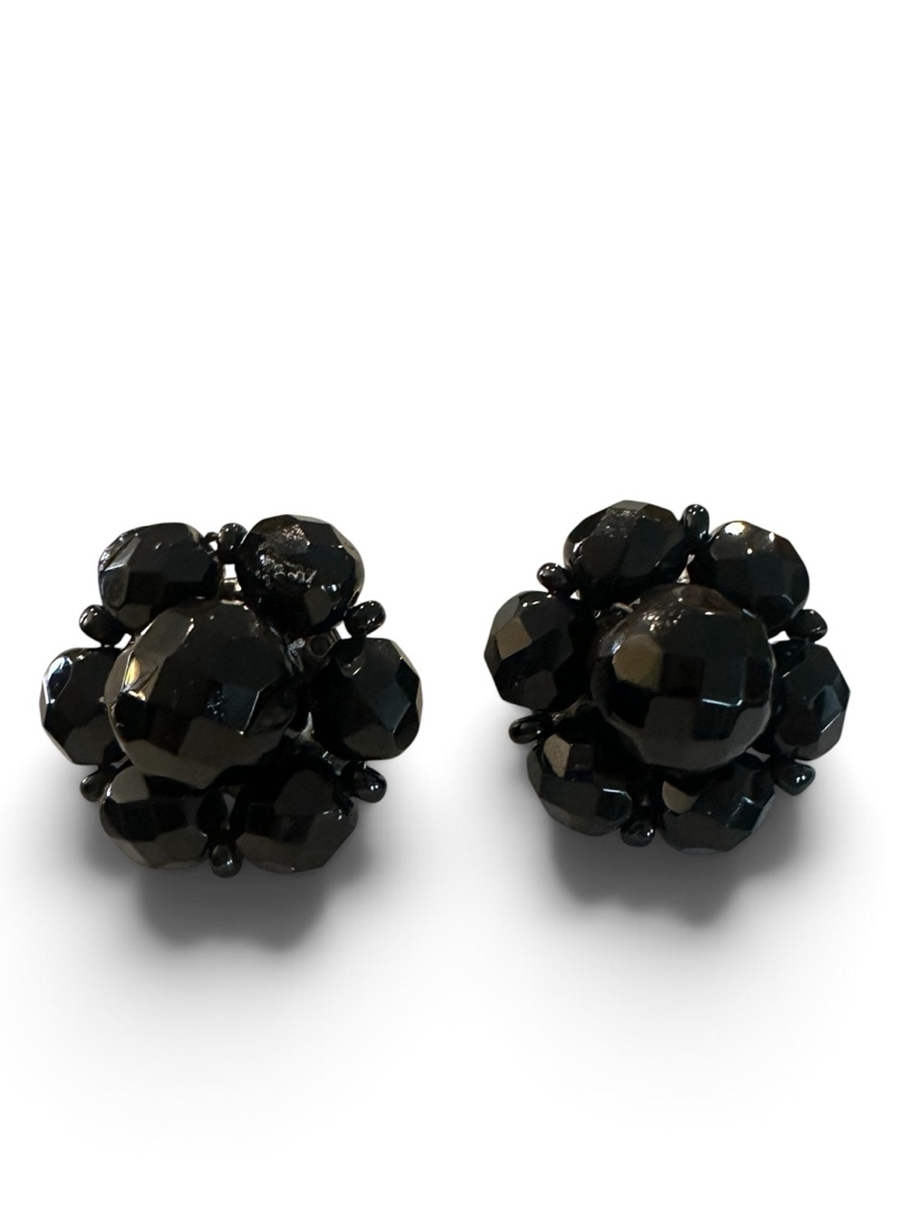 Vintage 1950s Western Germany Black Glass Beaded Cluster Clip On Earrings